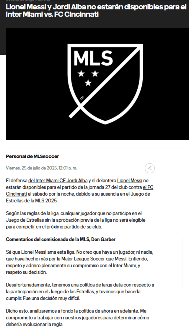 Comunicado oficial de la MLS. Foto: MLS sitio oficial Comunicado oficial de la MLS. Foto: MLS sitio oficial