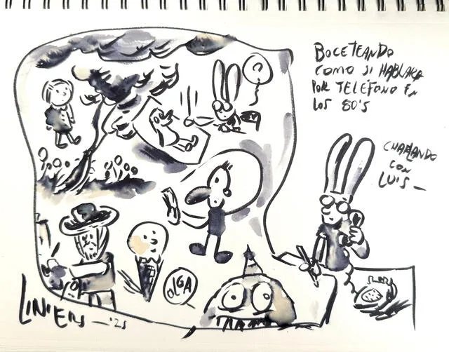  Dibujo de Liniers para La República. “Boceteando como si hablara por teléfono durante los años 80. Charlando con Luis”.